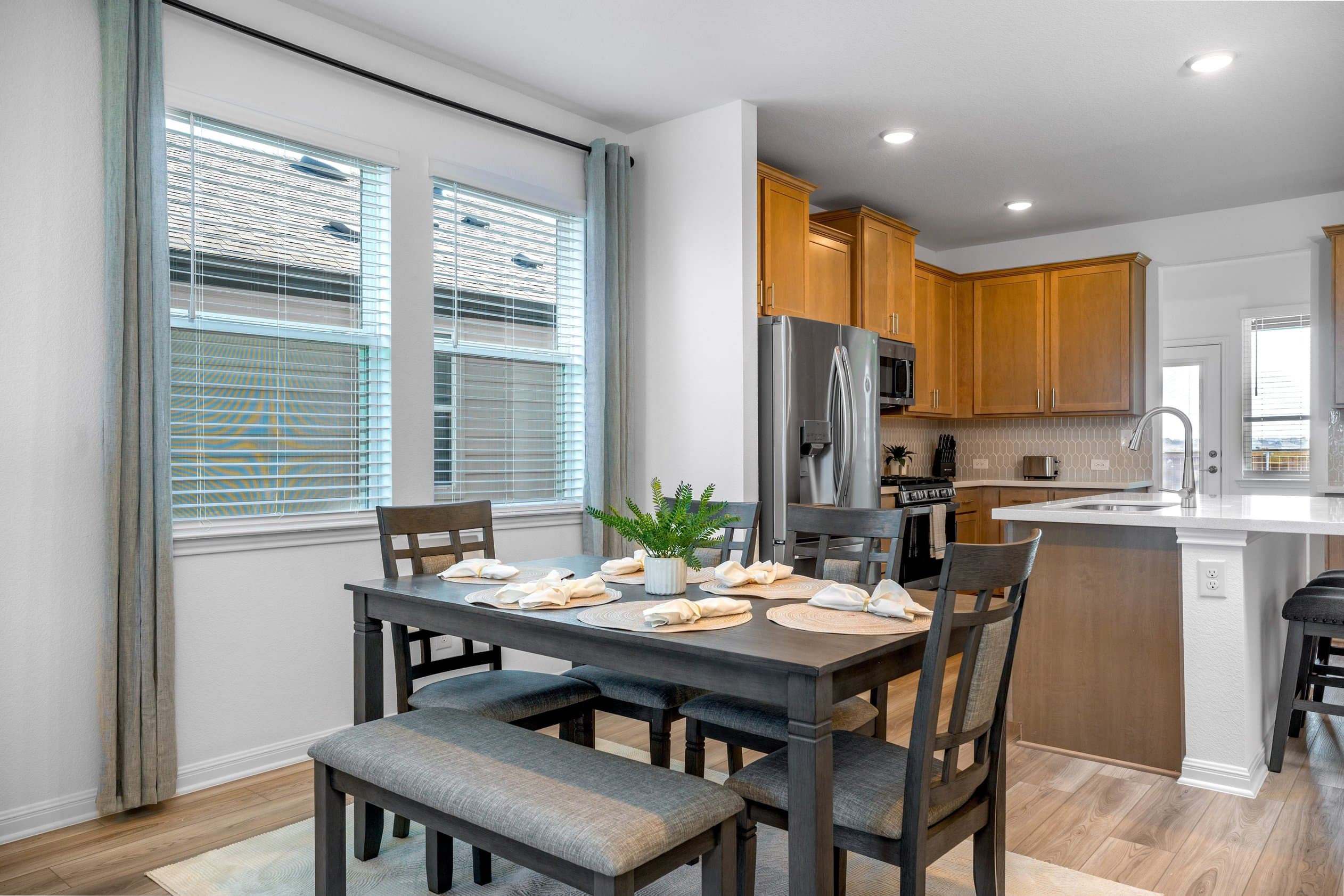 Crew-sized dining table with bench seating