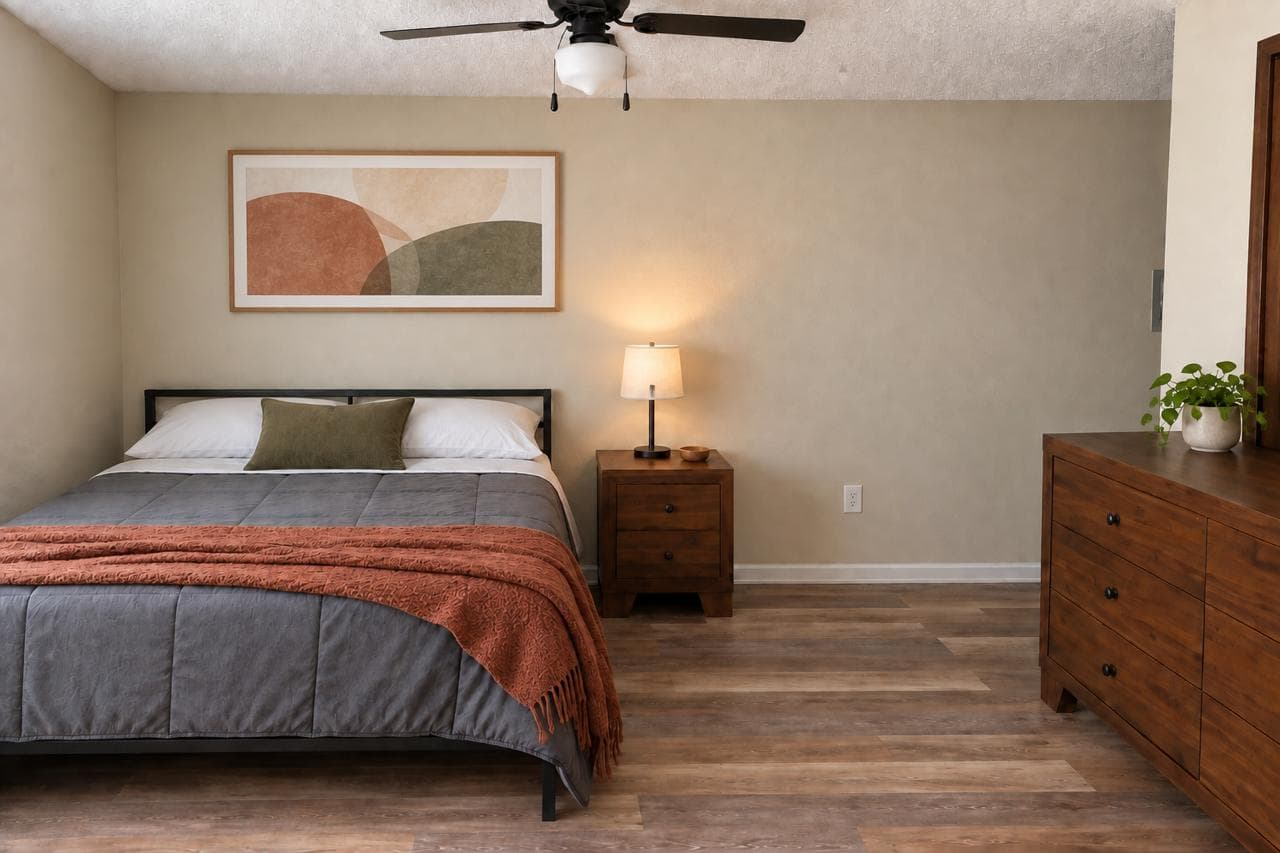 Recámara con cama queen, buró, lámpara y cómoda de madera