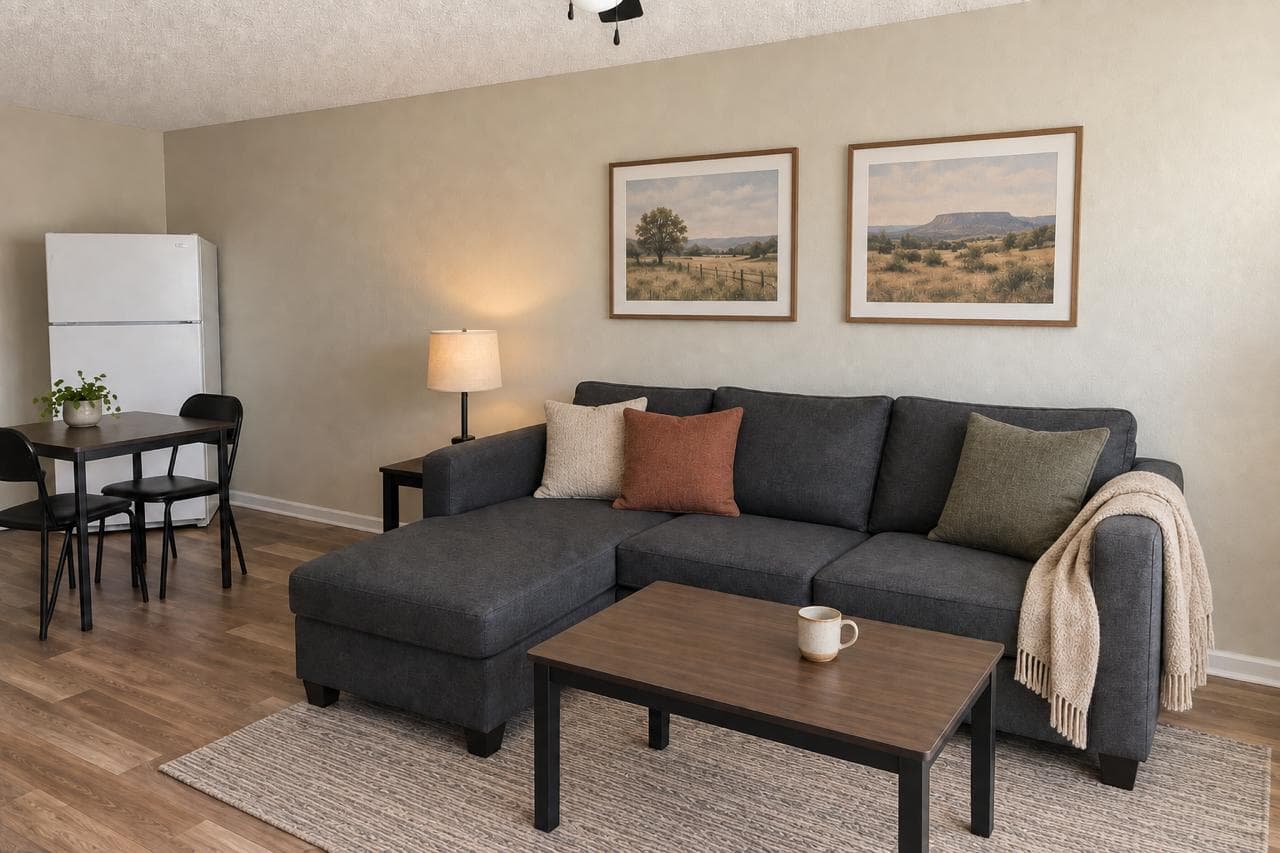 Sala con sofá gris en L y mesa de centro